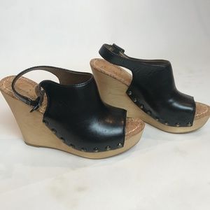 Sam Edelman Black Leather Wooden Heel Wedge